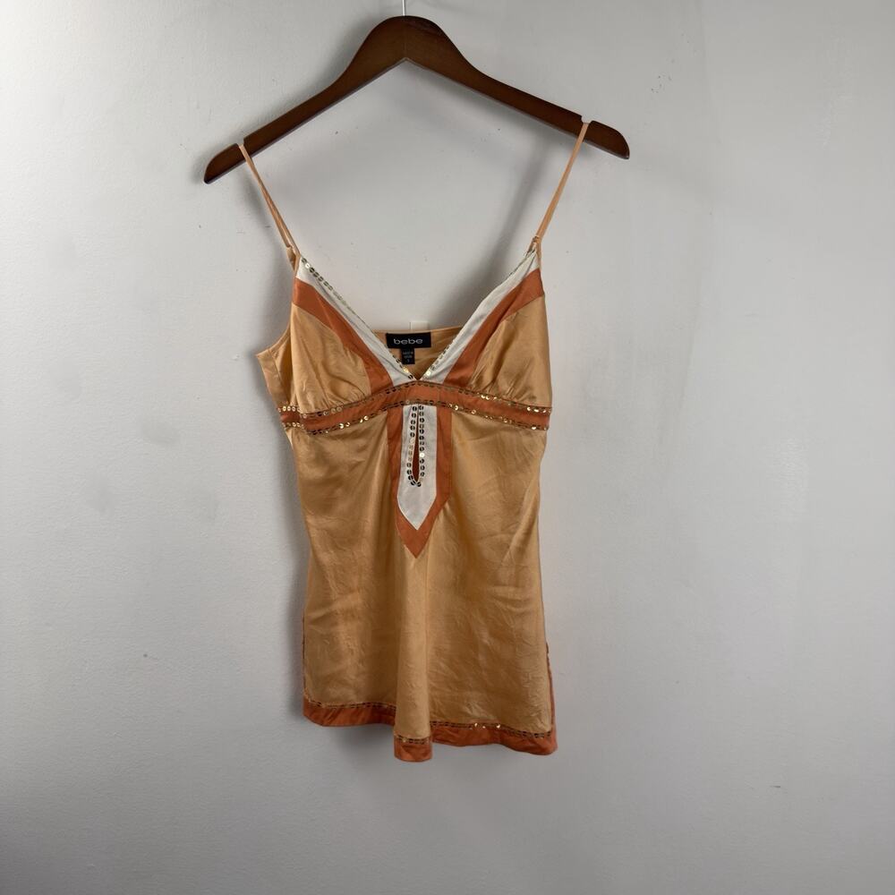 VTG Y2K Bebe SZ S Orange Beaded Sequin Tank Top Baby Doll Going out Top